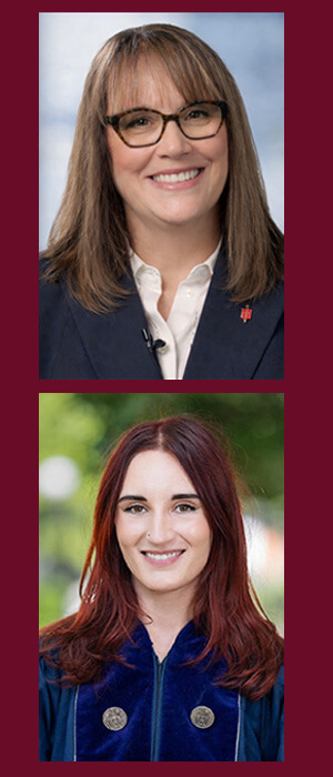 Bishop Lanette Plambeck in shown in her 2026 Council of Bishops photo, and Meghan Plambeck is pictured in a photo marking her graduation from Georgetown University Law Center in 2024. Meghan is a public interest attorney in San Mateo, California, and says she was inspired by her mother’s dedication and leadership. Photos courtesy of the Council of Bishops and the Plambecks.