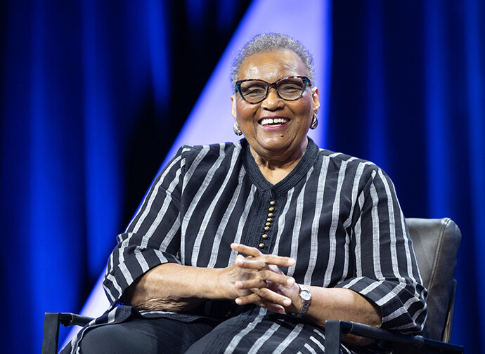 The Rev. Carolyn Abrams addresses the United Women in Faith Assembly 2026 in Indianapolis. Abrams is founding pastor of H. A. Brown Memorial United Methodist Church in Wiggins, Miss. Photo by Mike DuBose, United Women in Faith.