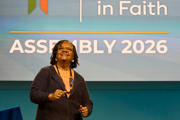 Sally Vonner, the organization's top executive, dances at the end of the United Women in Faith Assembly in Indianapolis on May 17. At the end of the event, she announced that those attending had raised more than $300,000 for mission over the weekend. Photo by Paul Jeffrey,United Women in Faith.