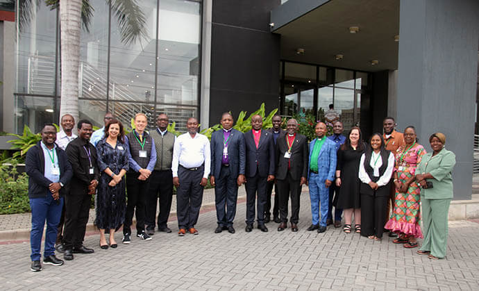 Bishops from the Mid-Africa Regional Conference, communicators and leaders from United Methodist Communications pose for a group photo in Dar es Salaam, Tanzania, during April’s communications roundtable. The meeting aimed to identify priorities for overcoming the geographic and technological isolation of local churches in the region. Photo by Chadrack Tambwe Londe, UM News.