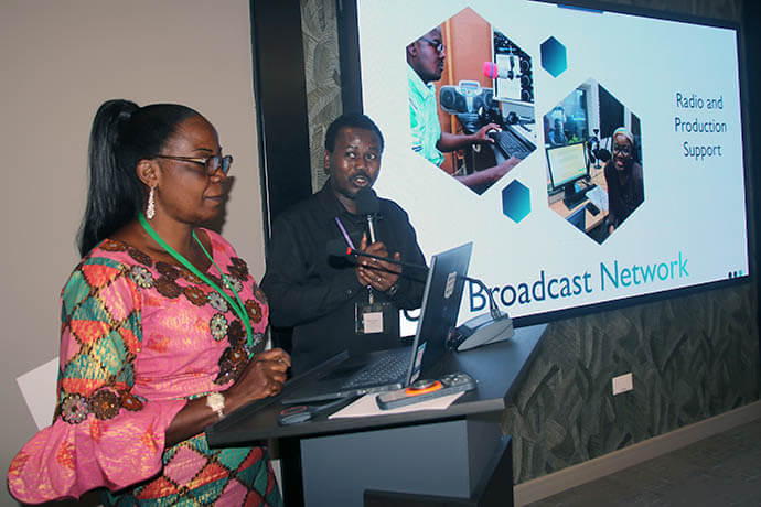 Henriette Kumakana, director of Radio Lokole, presents updates during the communications roundtable. She highlighted the impact of radio programs for catechesis and education on social issues, while advocating for the expansion of this successful model to other episcopal regions in Central Africa. Photo by Chadrack Tambwe Londe, UM News.