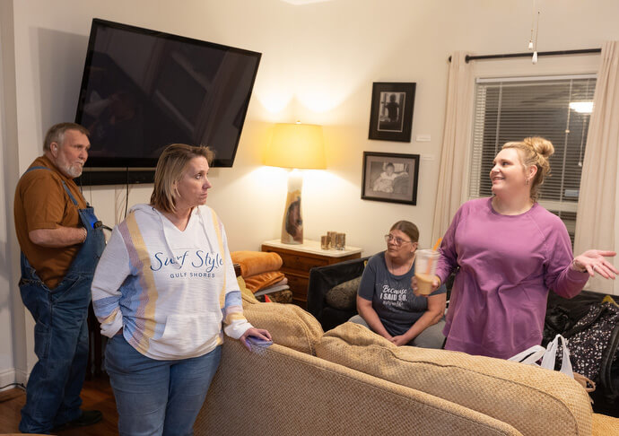 Family and friends of death row inmate Gary Wayne Sutton visit together at the Family Reconciliation Guest House in Nashville, Tenn. From left are Jimmy Sutton, Carolyn Weaver, Diane Sutton and Amy King. Photo by Mike DuBose, UM News.