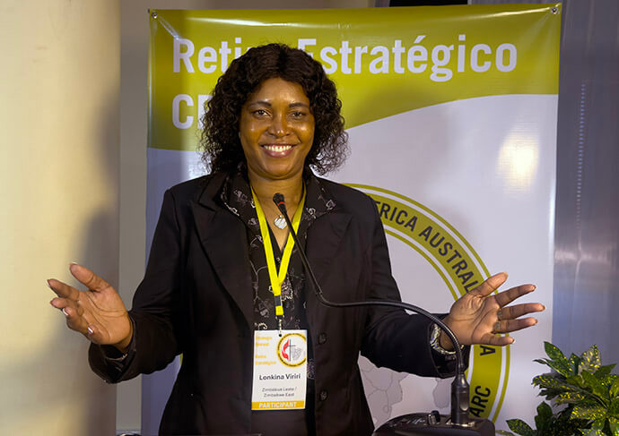 Lonkina Viriri from Zimbabwe presents a group report during the Southern Africa Regional Conference retreat in Maputo, Mozambique. The gathering provided an opportunity for fellowship among participants from across the regional conference, which comprises the East Angola, Western Angola, Mozambique-South Africa-Eswatini-Madagascar, and Zimbabwe, Zambia, Malawi and Botswana episcopal areas. Photo by Roque Facela, UM News. 