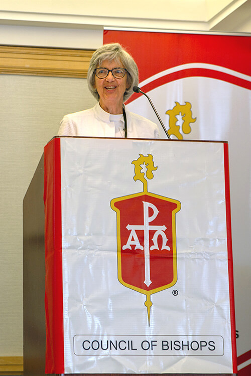 Bishop Hope Morgan Ward, co-ecumenical officer for the Council of Bishops, delivers an ecumenical report April 28 during the United Methodist bishops’ spring meeting in Jacksonville, Fla. During the meeting, the bishops by voice vote unanimously supported an interim covenant with The United Church of Canada. Photo by Paul Gómez, United Methodist Communications.