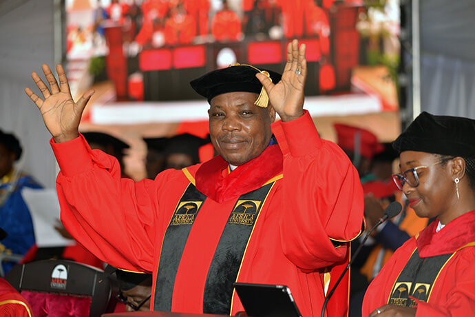 Central Congo Bishop Daniel O. Lunge, who chairs the Africa University (Zimbabwe) board, congratulates the graduating class of 2026. He reminded students to trust in the Lord as they enter this next stage of life. Photo by Scott Cairns, courtesy of the Africa University Public Affairs Office.