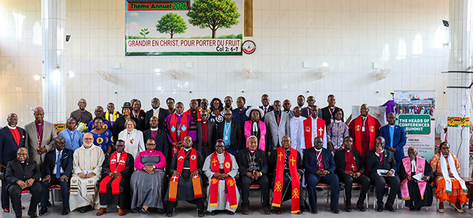 Delegates and guests to the Africa Methodist Council heads of conferences summit pose for a group photo after the opening worship service May 14 at Pénuel Wuiti Church in Lome, Togo.  The summit was attended by 55 heads of conferences. Photo courtesy of Radio-Gloire à Dieu Togo.