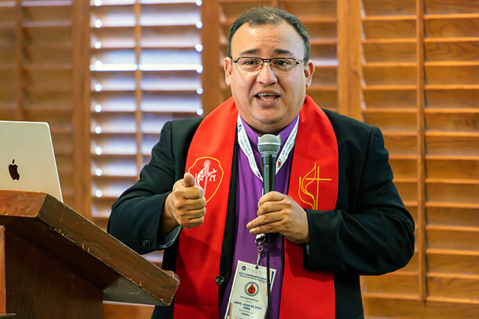 Bishop Juan de Dios Peña, president of the Council of Evangelical Methodist Churches of Latin America and the Caribbean, preaches during the May 17 service at the Methodist Church of Mexico’s General Conference at the Fiesta Inn hotel in Ciudad Juárez, Mexico. Photo by Paul Gómez, United Methodist Communications.
