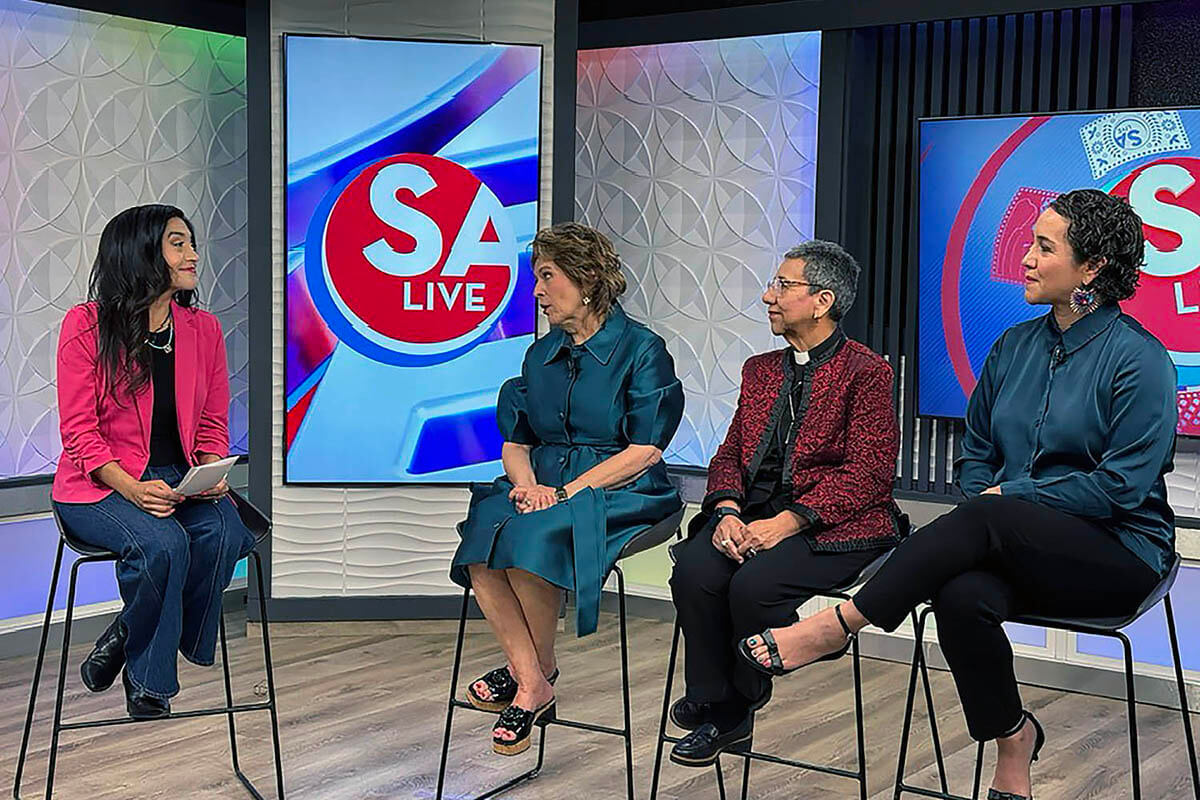 Leaders of La Trinidad United Methodist Church in San Antonio talk about the church’s 150th anniversary celebration on the morning television show “SA Live” on May 1. Pictured (from left) are Jen Tobias-Struski, host of the program; Carmen Gámez, chair of the church’s anniversary gala committee; the Rev. Nohemí Ramírez, pastor of La Trinidad; and Patricia Mejía, director of impact and inclusion for Spurs Sports & Entertainment. Photo courtesy of the Rev. Nohemí Ramírez.