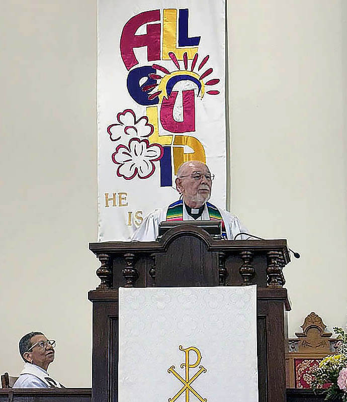 Retired Bishop Joel Martínez preaches during La Trinidad United Methodist Church’s anniversary worship service on May 3. Photo courtesy of La Trinidad United Methodist Church.