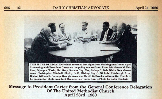 A United Methodist delegation, shown here in a photo published in the Daily Christian Advocate, visited with President Jimmy Carter on April 23, 1980. From left are Judge James M. Dolliver, Mai Gray, Bishop C. Dale White, Christopher Mitchell, Bishop Roy C. Nichols, Bishop William R. Cannon and David W. Brooks. Photo by John Goodwin for The United Methodist Church, courtesy of Internet Archive.