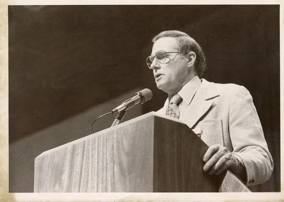 Bishop C. Dale White speaks at the 1980 United Methodist General Conference in Indianapolis about his 11-day visit to Iran in November aimed at fostering dialogue amid the Iranian hostage crisis. White spoke about his delegation’s meeting with the Ayatollah Ruhollah Khomeini. File photo courtesy of the United Methodist Commission on Archives and History.   
