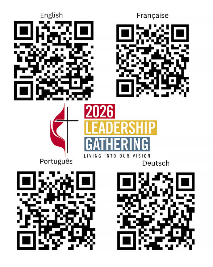 These QR codes take people to surveys of youth and young adults in English, French German and Portuguese. Leadership Gathering organizers will be collecting survey responses through July 31. Graphic courtesy of the United Methodist Leadership Team. 