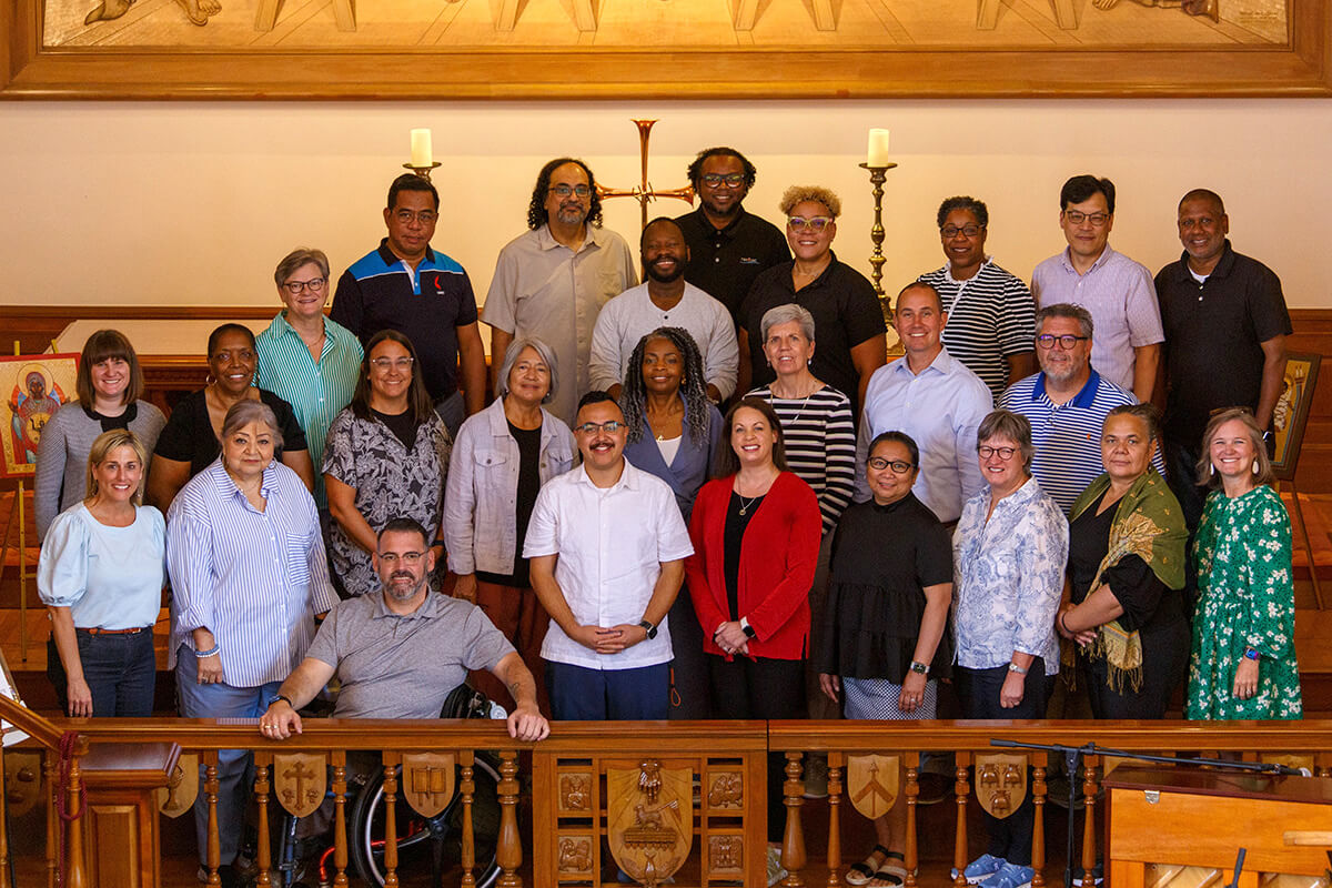 Members of the Interim Committee on Organization for the U.S. Regional Conference, called I-ROC for short, stand together in front of the Upper Room Chapel at the conclusion of their first meeting together July 16-18 in Nashville, Tenn. The group is responsible for organizing the inaugural session of the U.S. Regional Conference, now planned for spring 2029. Photo by JP Penrod, General Council on Finance and Administration.