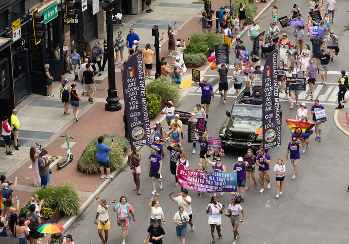 Members of the Glendale United Methodist Church community lead a group of other affirming United Methodists as they march in the Nashville Pride Parade.