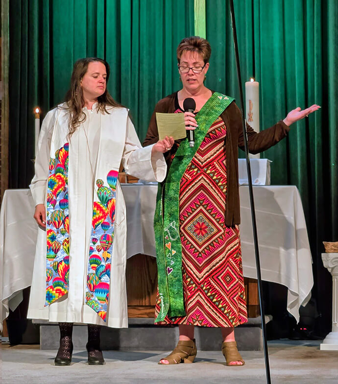 The Rev. Kristin Weschler (right) speaks after receiving a symbolic stole as an ordination gift at Trinity United Methodist Church in Frederick, Md., in 2025. Weschler is a United Methodist deacon who is employed by the federal government as a victim justice program specialist with the Human Trafficking Division. Photo courtesy of the Rev. Kristin Weschler.