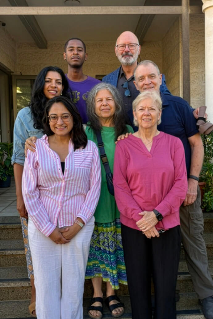Members of a delegation of U.S. citizens who were denied entry into Israel on Aug. 13 pose for a photo prior to the border incident. Pictured (front row from left) are Sara Salim, the Rev. Sara Webb Phillips; (middle row from left) Sonya Soni, Victoria Ross, the Rev. Ed Phillips; (third row from left) Douglas Brook and David Small. Photo courtesy of the Rev. Edward Phillips.