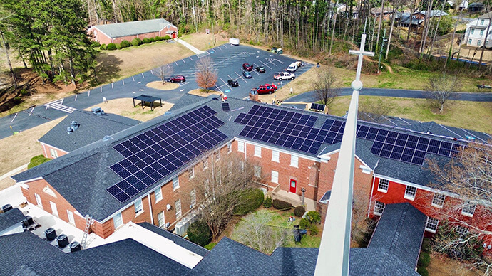 An aerial view of Chamblee United Methodist Church in Chamblee, Ga., after the installation of solar panels. Photo courtesy of Chamblee United Methodist Church.