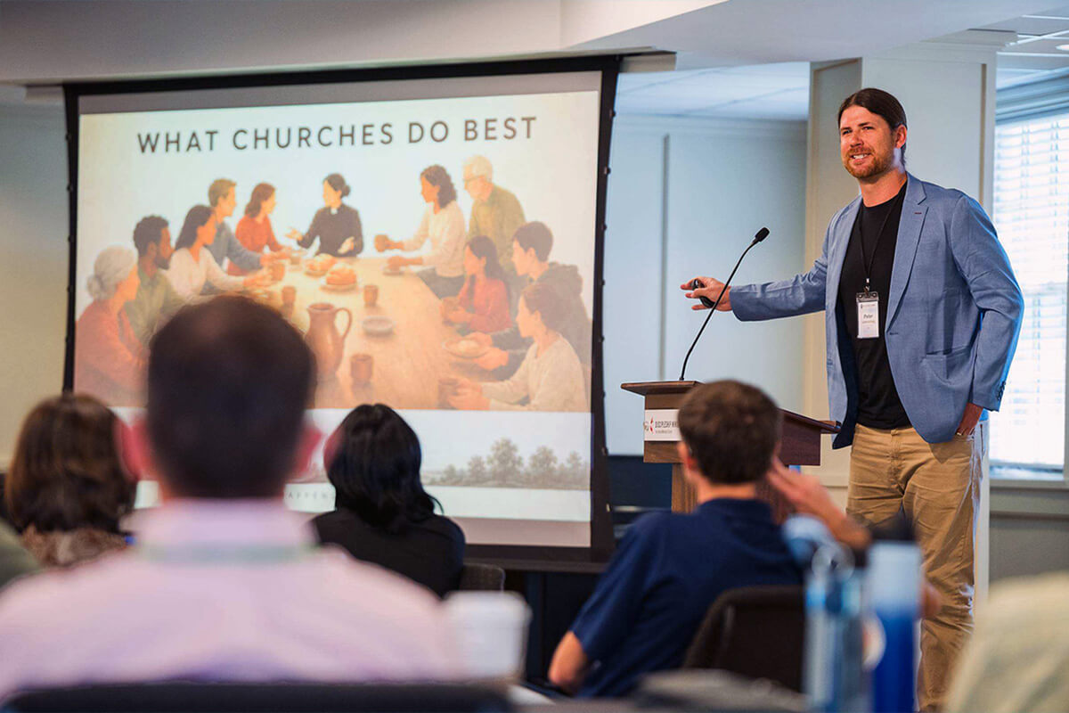 Peter Levenstrong, associate rector at St. Gregory of Nyssa Episcopal Church in San Francisco, speaks during the AI and Church Summit Aug. 24-27 at the Harry Denman Building in Nashville, Tenn. The ecumenical gathering, themed “Human Agency,” featured participants from The Episcopal Church, Evangelical Lutheran Church in America, Presbyterian Church (USA) and The United Methodist Church. Photo by Chris Law, Discipleship Ministries.
