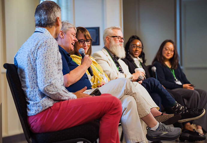 Leaders from Protestant denominations discuss what they are doing to address the challenges and potential of artificial intelligence during the AI and Church Summit in Nashville. From left to right are Corey Schlosser-Hall with the Presbyterian Church (U.S.A.); Bishop Mariann Edgar Budde of The Episcopal Church; Bishop Lanette Plambeck of The United Methodist Church; Bishop Andy Doyle of The Episcopal Church; the Rev. Danielle Hickman with the United Church of Christ; and the Rev. Jihyun Oh with the Presbyterian Church (U.S.A.). Photo by Chris Law, Discipleship Ministries.