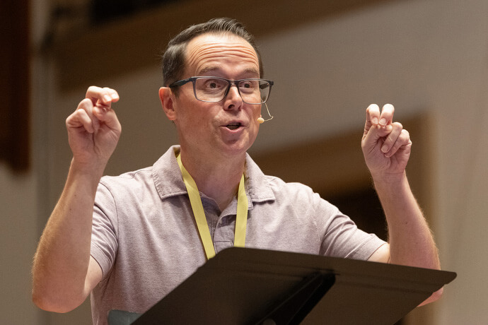 The Rev. Jackson Henry helps lead a session on bridging traditional and contemporary worship during the Fusion 2026 Worship Music Conference. Henry is pastor of worship and music at First United Methodist Church in Murfreesboro, Tenn.