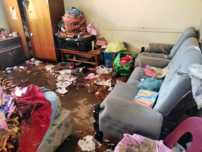 Sophia Tafamba’s lounge reflects the damage in the aftermath of the storm which hit Masvingo town Oct 5.  Her whole house was destroyed and household goods submerged by the heavy rains and hailstones. Photo by Pastor Samuel Maunga, UM News.