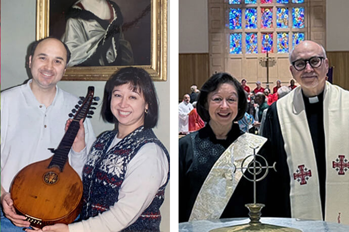 At left, the Revs. Daniel and Thelma Herrera Flores pose for a photo at Charles Wesley's home in Bristol, England, in 2001 during a consultation they organized focused on the Spanish translation of John Wesley’s works. Behind them is a painting of Charles' wife, Sarah, and between them is Sarah's guitar, which was returned to the British Methodist Church during their time there. At right, the couple attends the Rio Texas Annual Conference memorial service at First United Methodist Church in Corpus Christi in the summer of 2026. Photos courtesy of Daniel Flores.