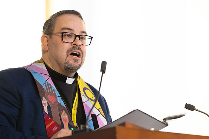 The Rev. Giovanni Arroyo, top executive of the United Methodist Commission on Religion and Race, speaks during opening worship for “Faithful Resistance: A Public Witness for Immigrant Justice” at Capitol Hill United Methodist Church in Washington. Religion and Race and the denomination’s New York, North Georgia and Western North Carolina conferences are among the groups suing to curb immigration enforcement in “sensitive locations,” such as schools, hospitals, synagogues and churches. File photo by Mike DuBose, UM News.