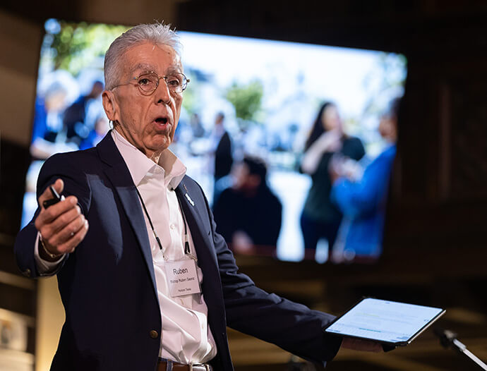 Council of Bishops President Rubén Saenz Jr. helps lead closing worship Oct. 24 during the United Methodist Leadership Gathering at Knox United Church in Calgary, Canada. Photo by Mike DuBose, UM News.